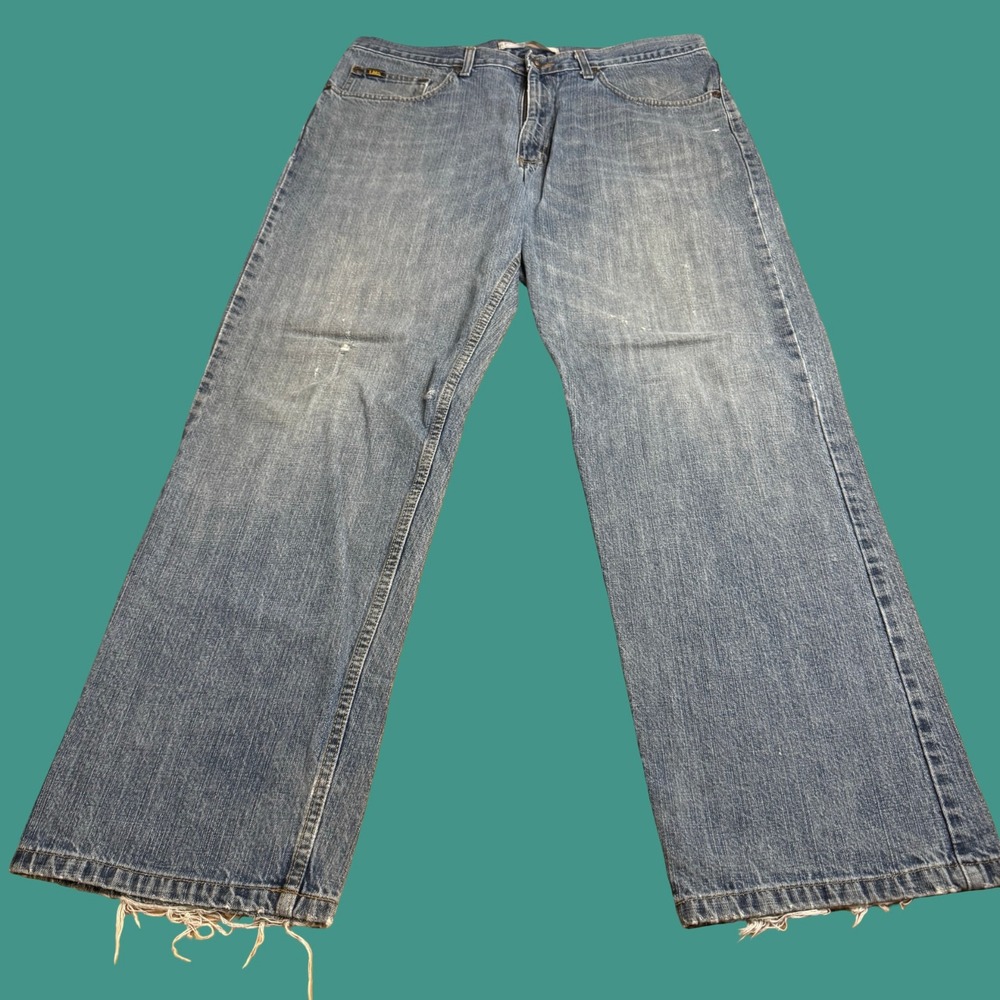 Lee Relaxed Straight Leg Mens 38x32 Jeans Light Wash Workwear Distressed Faded